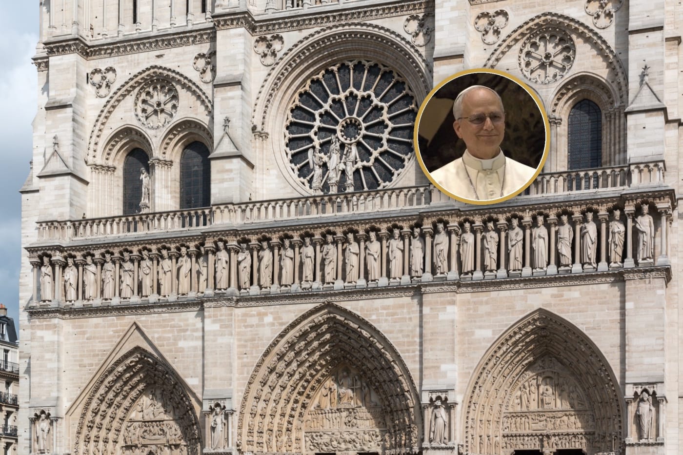 Façade occidentale de Notre-Dame de Paris, sa rosace et la galerie des rois, où le pape Léon XIV célèbre les vêpres le 25 septembre 2026