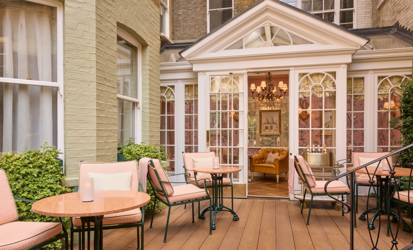 The garden and veranda of the Delany Drawing Room, at Dukes London