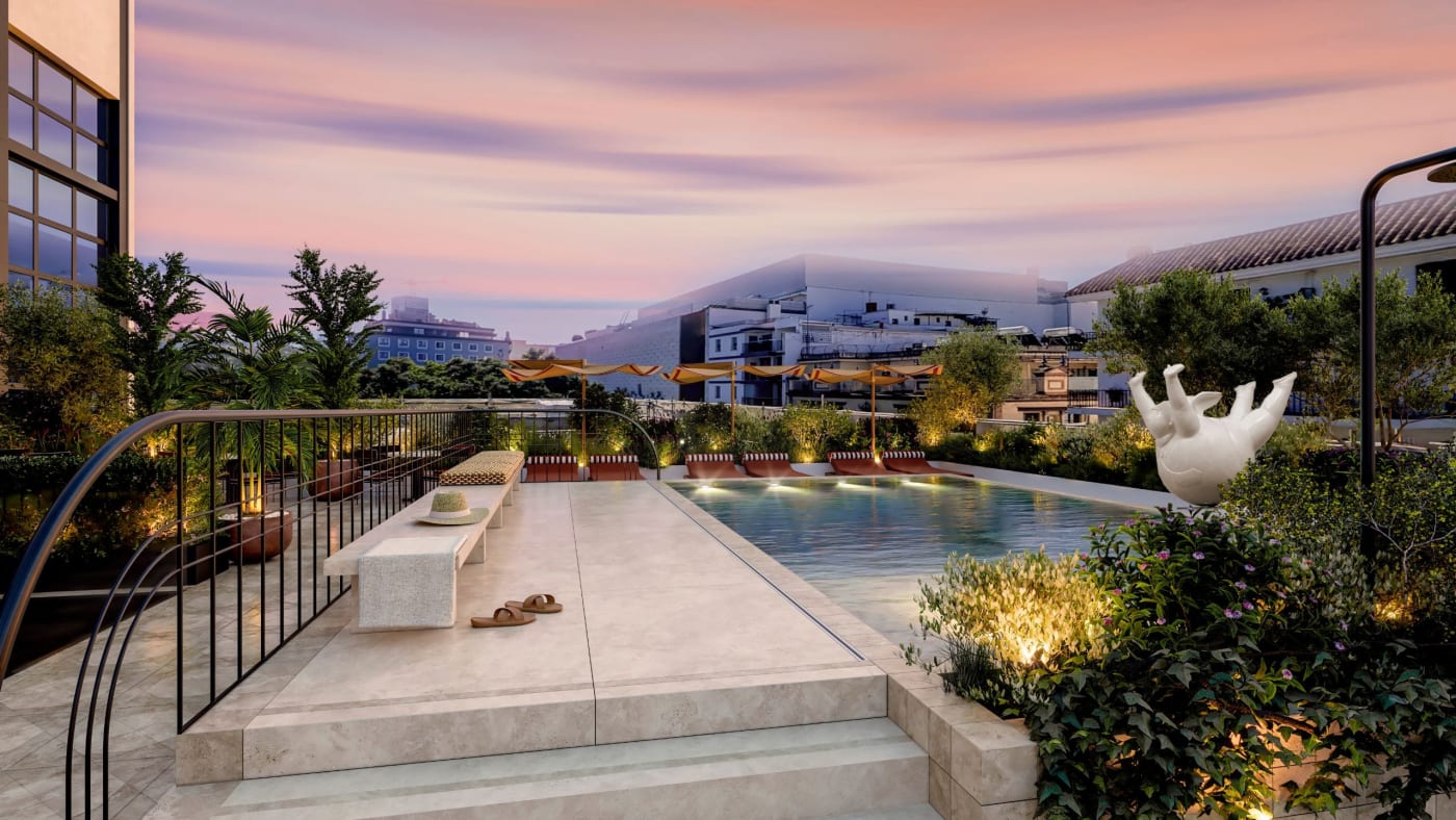 Rendering of the rooftop pool and terrace at Thompson Sevilla
