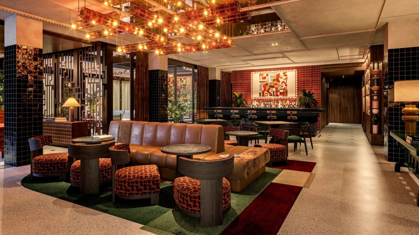 Rendering of the lobby bar at Thompson Sevilla, leather banquette and orange armchairs