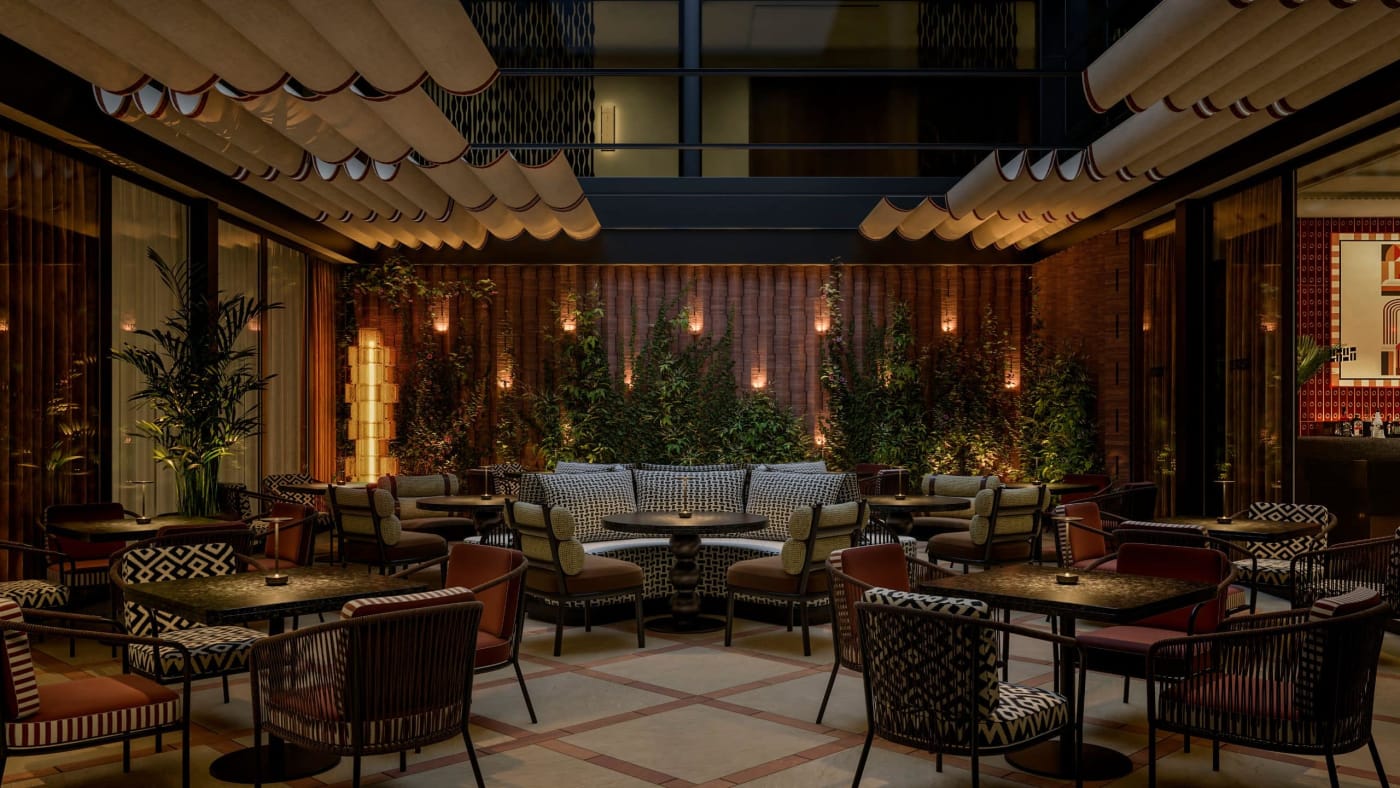 Rendering of the Casa Mayo dining room around the patio, in the evening
