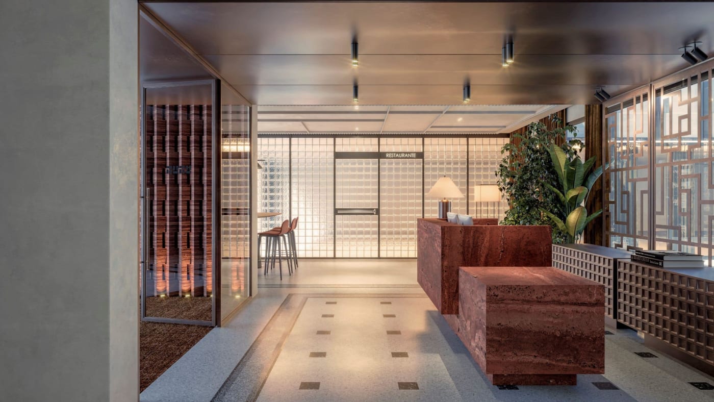 Rendering of the entrance to Casa Mayo restaurant, red marble counter and glass bricks