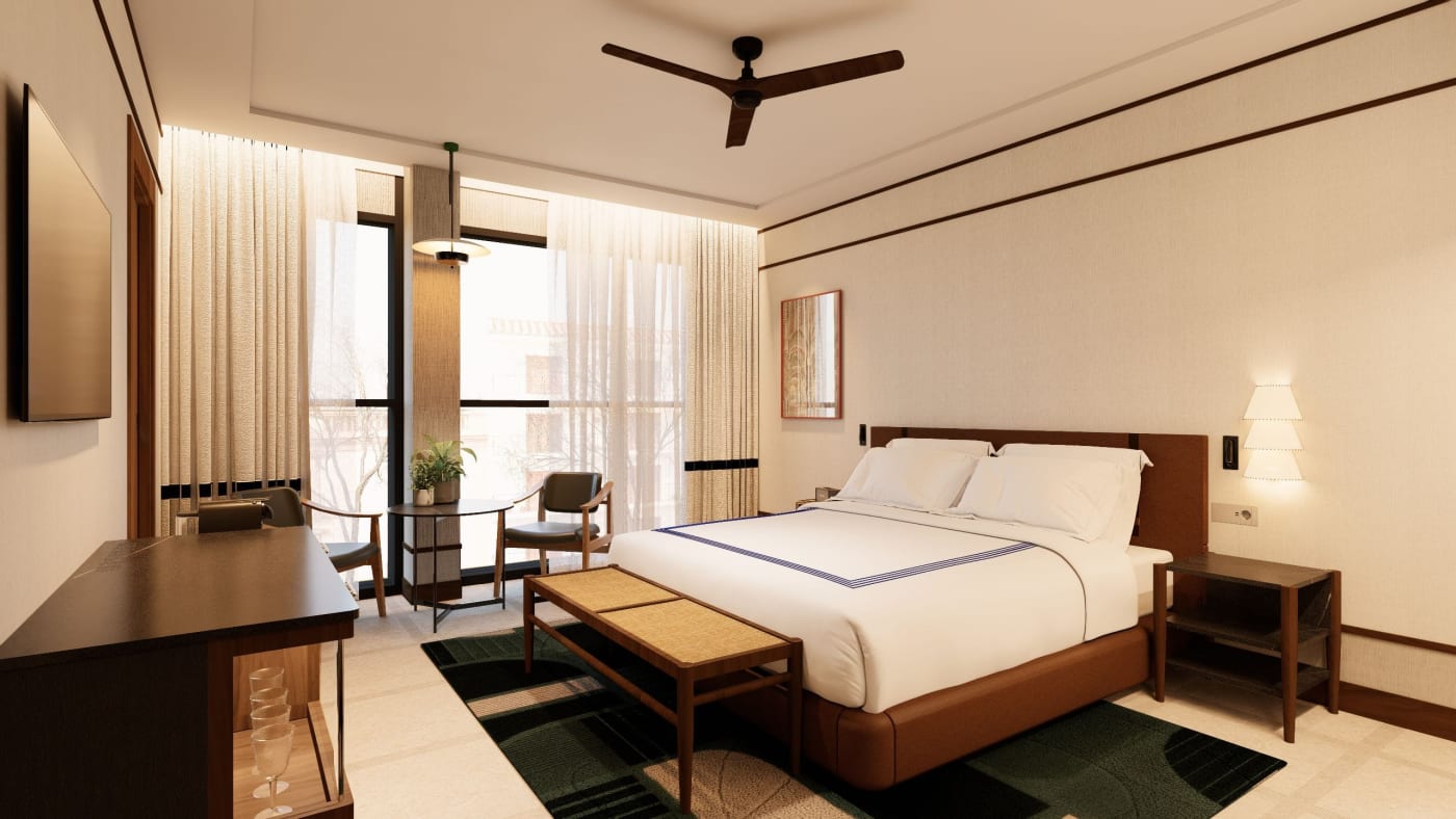 Rendering of a Deluxe Room at Thompson Sevilla, king bed and floor-to-ceiling window