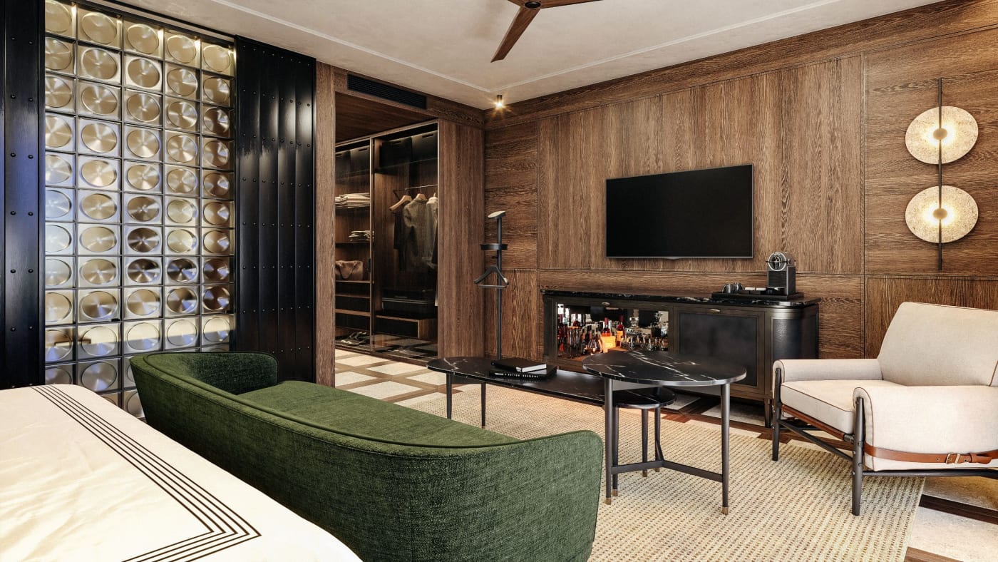 Rendering of a suite at Thompson Sevilla, green sofa, glass bricks and oak