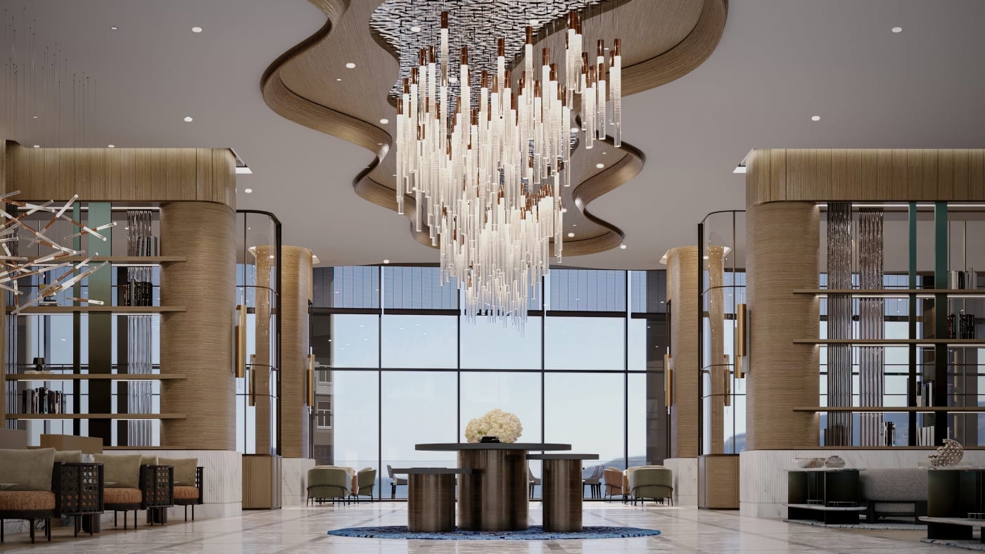 Visualisierung der Lobby mit großem Kristalllüster, Bücherregalen und Panoramafenster zum Meer