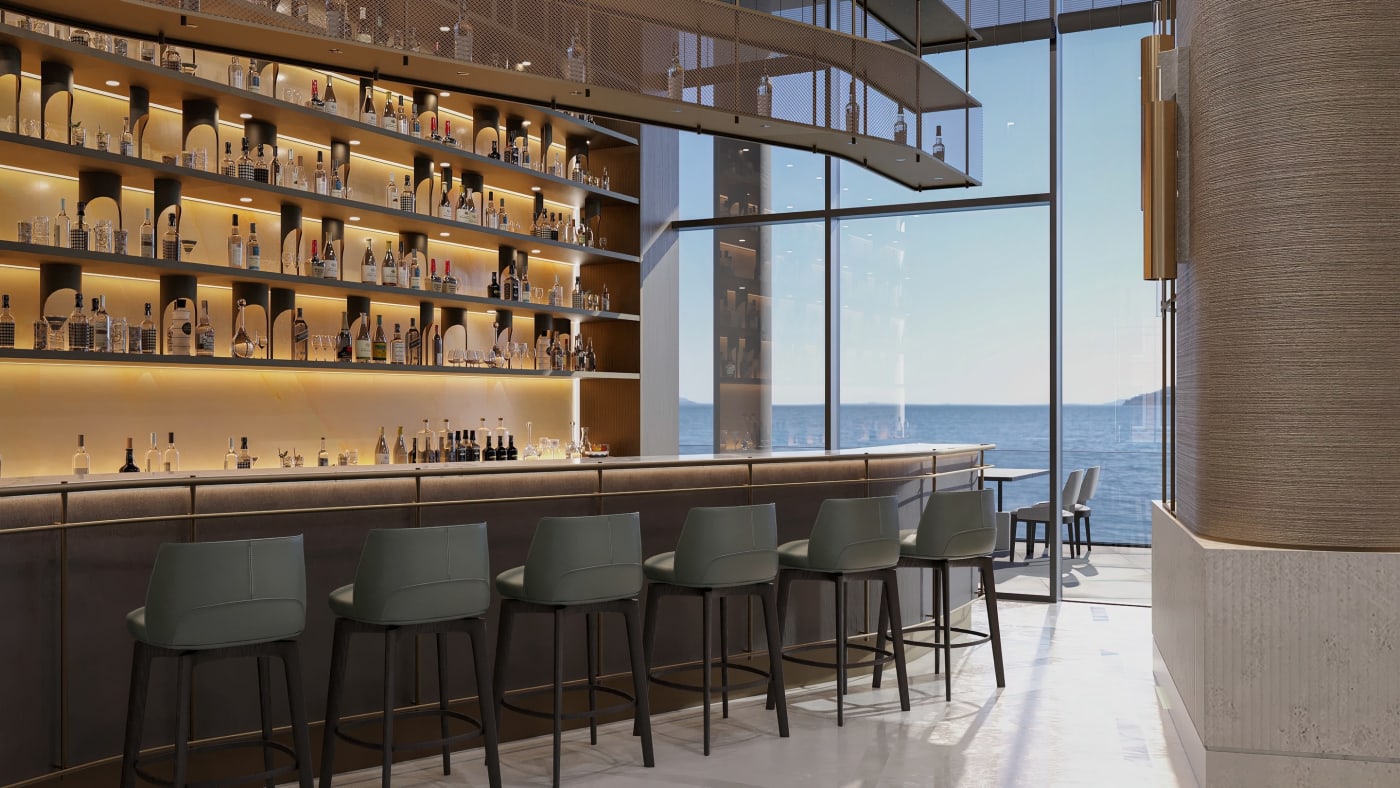 Visualisierung der Bar The Gimlet, Tresen und Flaschenregale vor einem Panoramafenster zum Meer