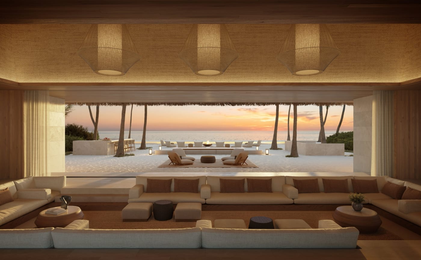 Rendering des zum Strand offenen Wohnbereichs einer Residenz der Aman Residences Amanolu auf den Malediven bei Sonnenuntergang