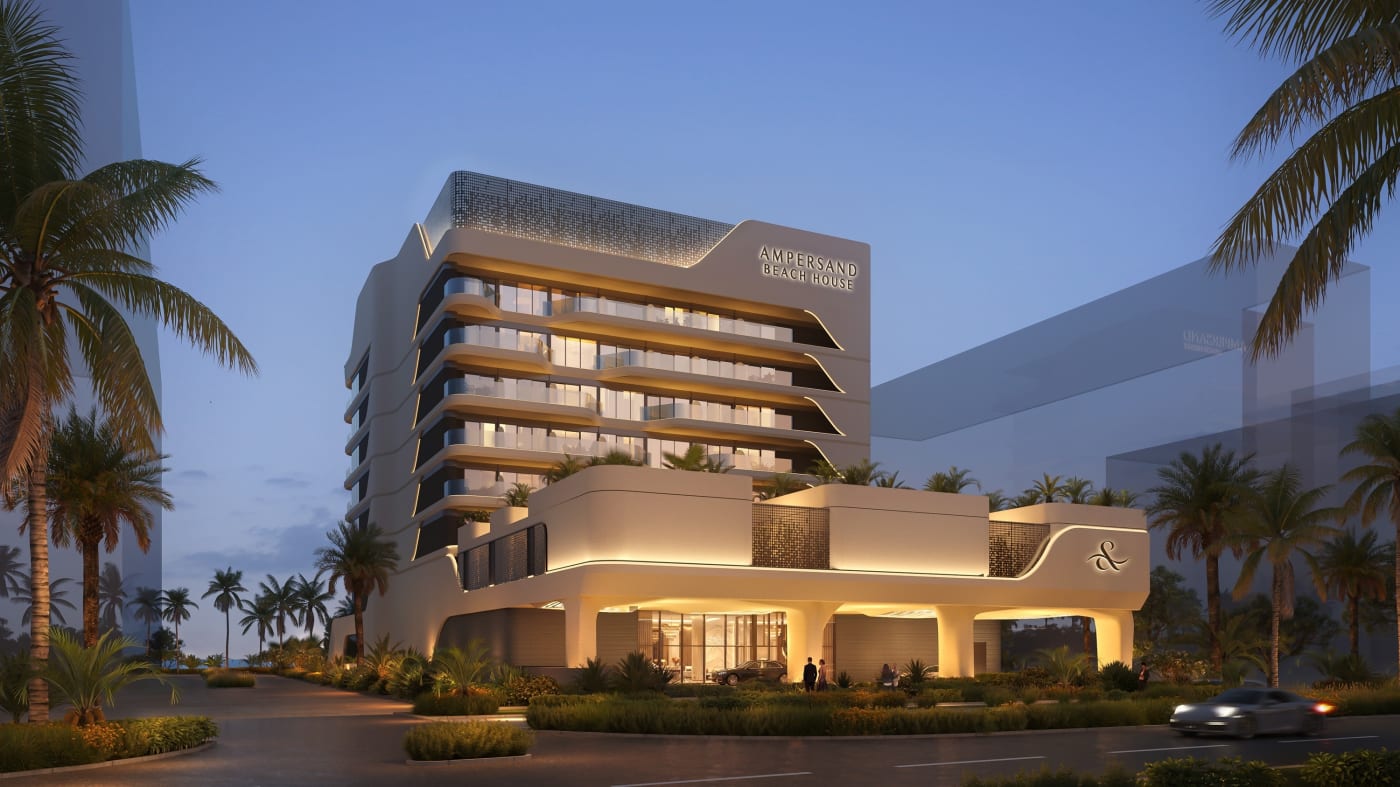 Rendering der Eingangsfassade des Ampersand Beach House auf Dubai Islands bei Einbruch der Dunkelheit