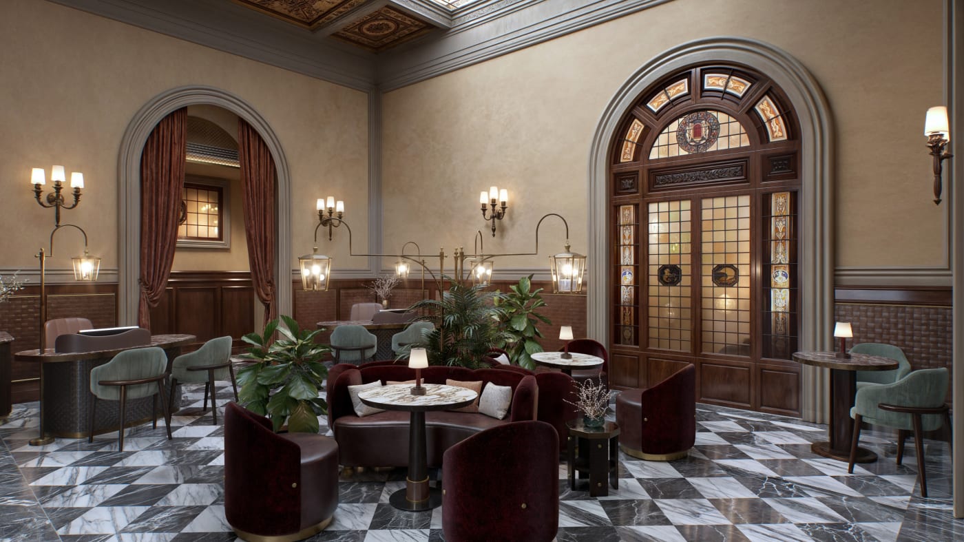 Lobby mit Buntglas im Porta Rossa Hotel Firenze, Colbert Collection, in Florenz