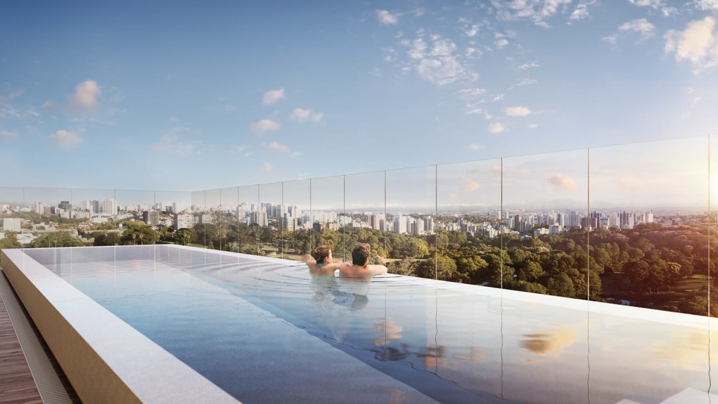 Rendu de la piscine à débordement sur le rooftop de The Almer Porto Alegre avec vue sur la ville