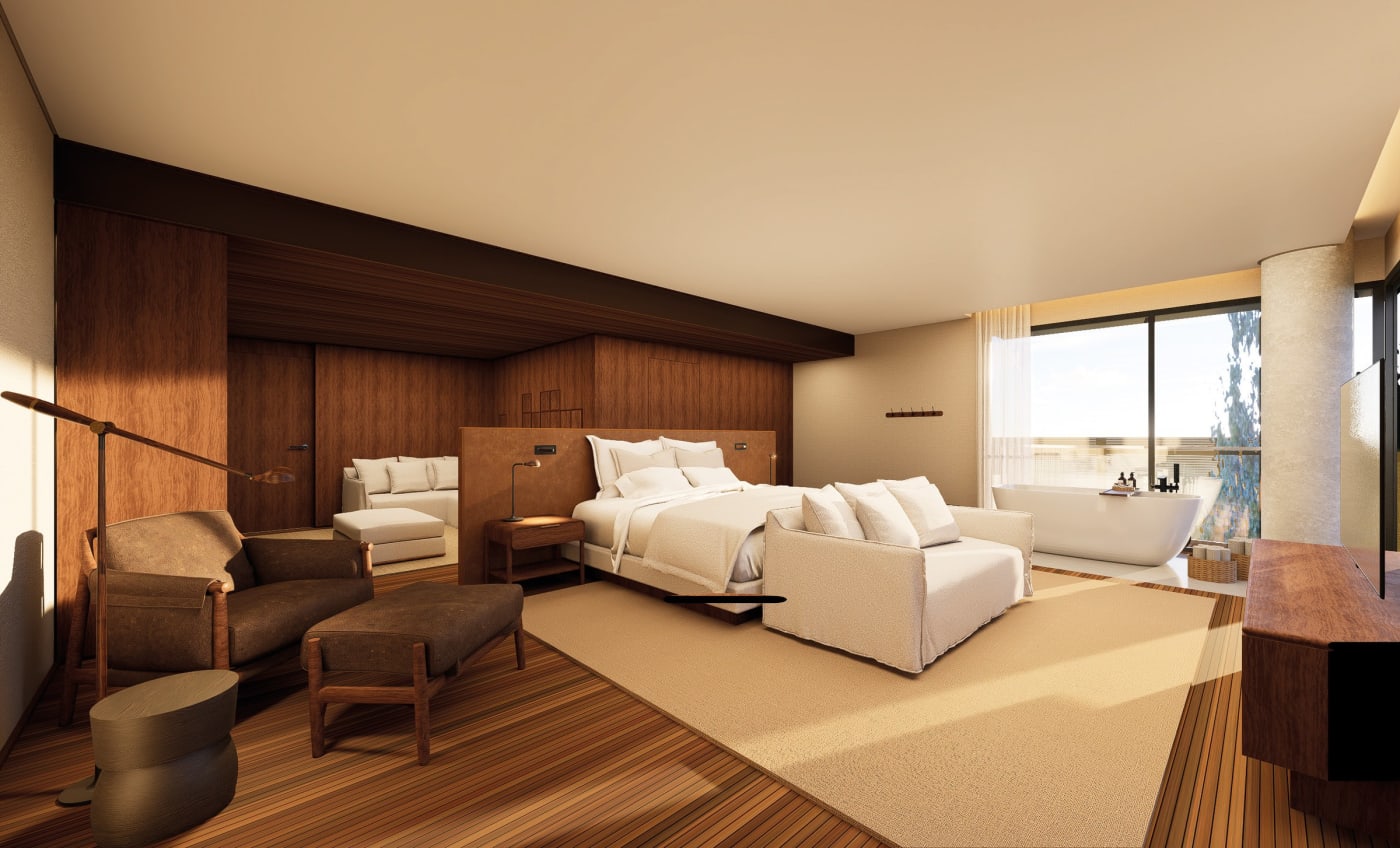 Rendu d'une suite de The Almer Porto Alegre avec salon, baignoire îlot et boiseries