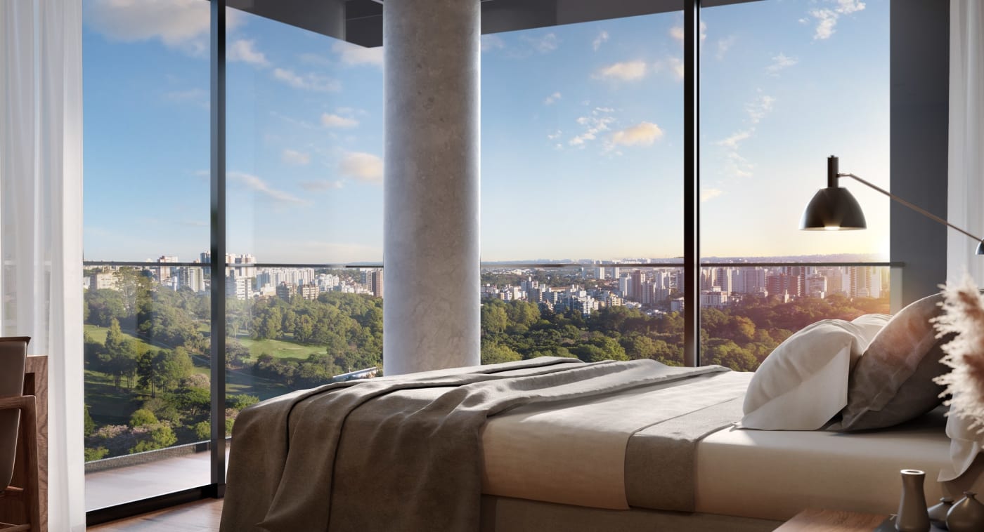 Rendu d'une suite d'angle de The Almer Porto Alegre, baies vitrées sur le golf et la ville
