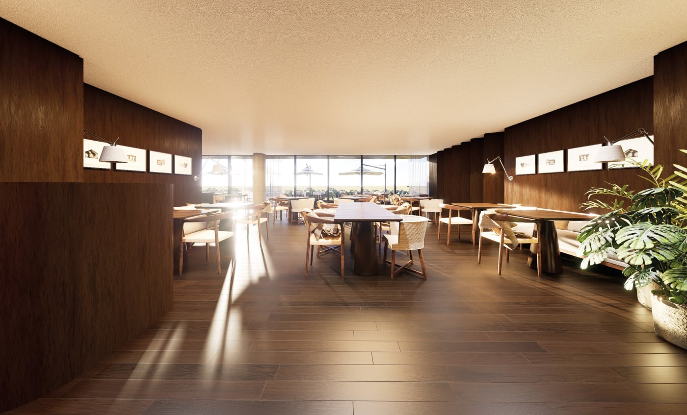 Rendu du restaurant de The Almer Porto Alegre, parquet, boiseries sombres et grandes baies