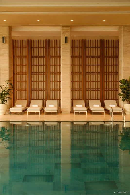 Piscine intérieure du Beldersoy Resort bordée de claustras en bois