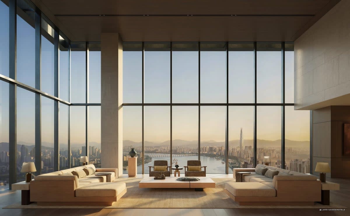 A sala de estar de uma Aman Residence em Seul, projeção 3D