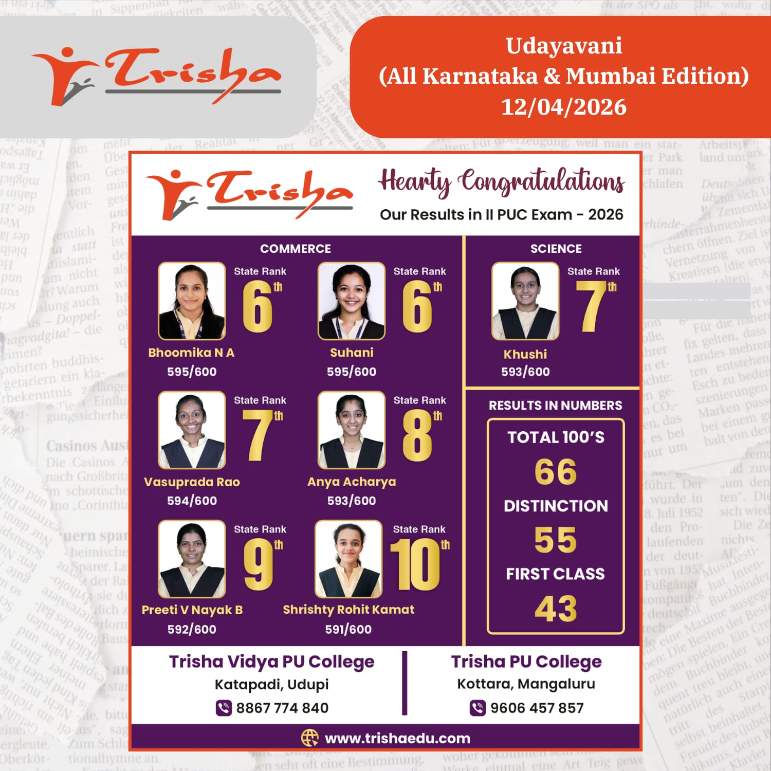 Trisha PU Colleges Sweep State Ranks in II PUC Results 2026!