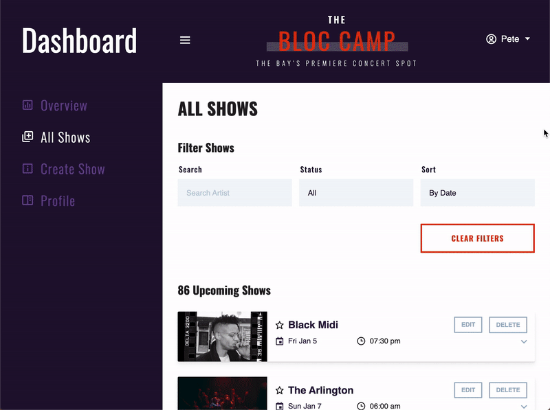 Access Update Show page from the All Shows page