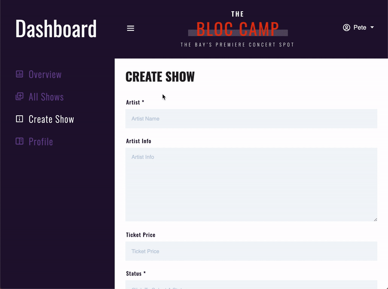 Create show using the Create Show page