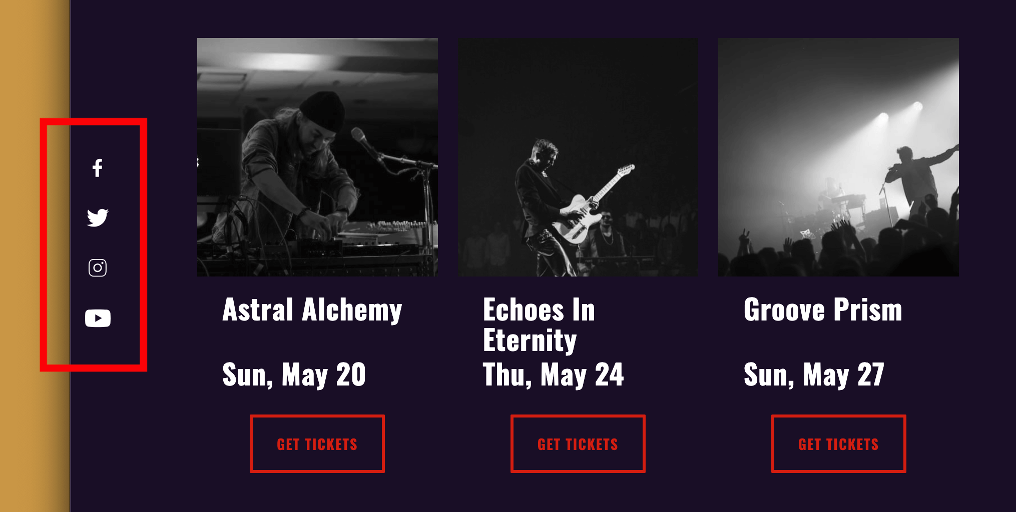 Social-media links attached to the left of the page