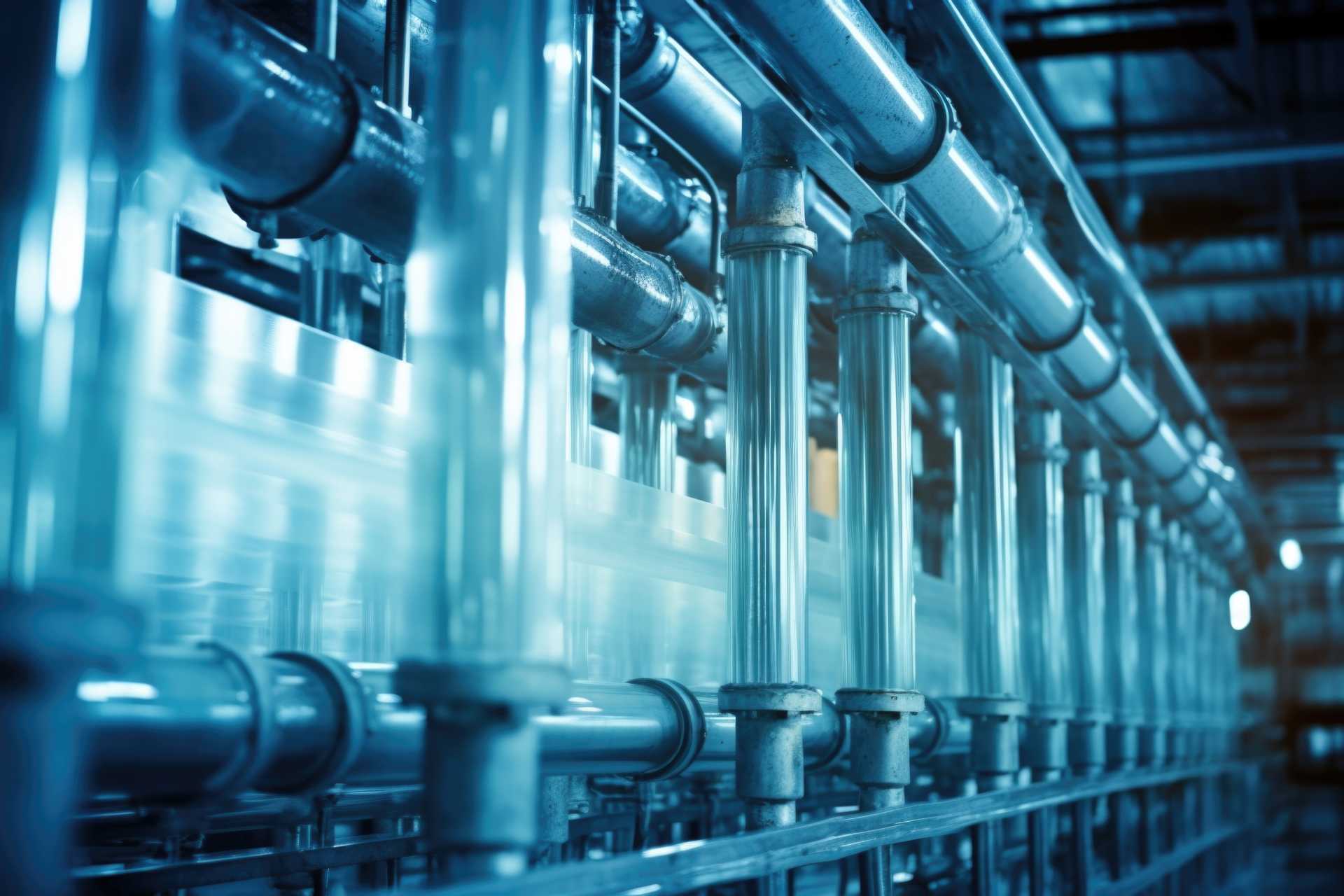 Series of heat exchangers, pipes, and cooling towers, as steam condenses and is transformed