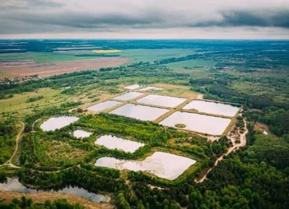 Arial view of water treatment ponds near river