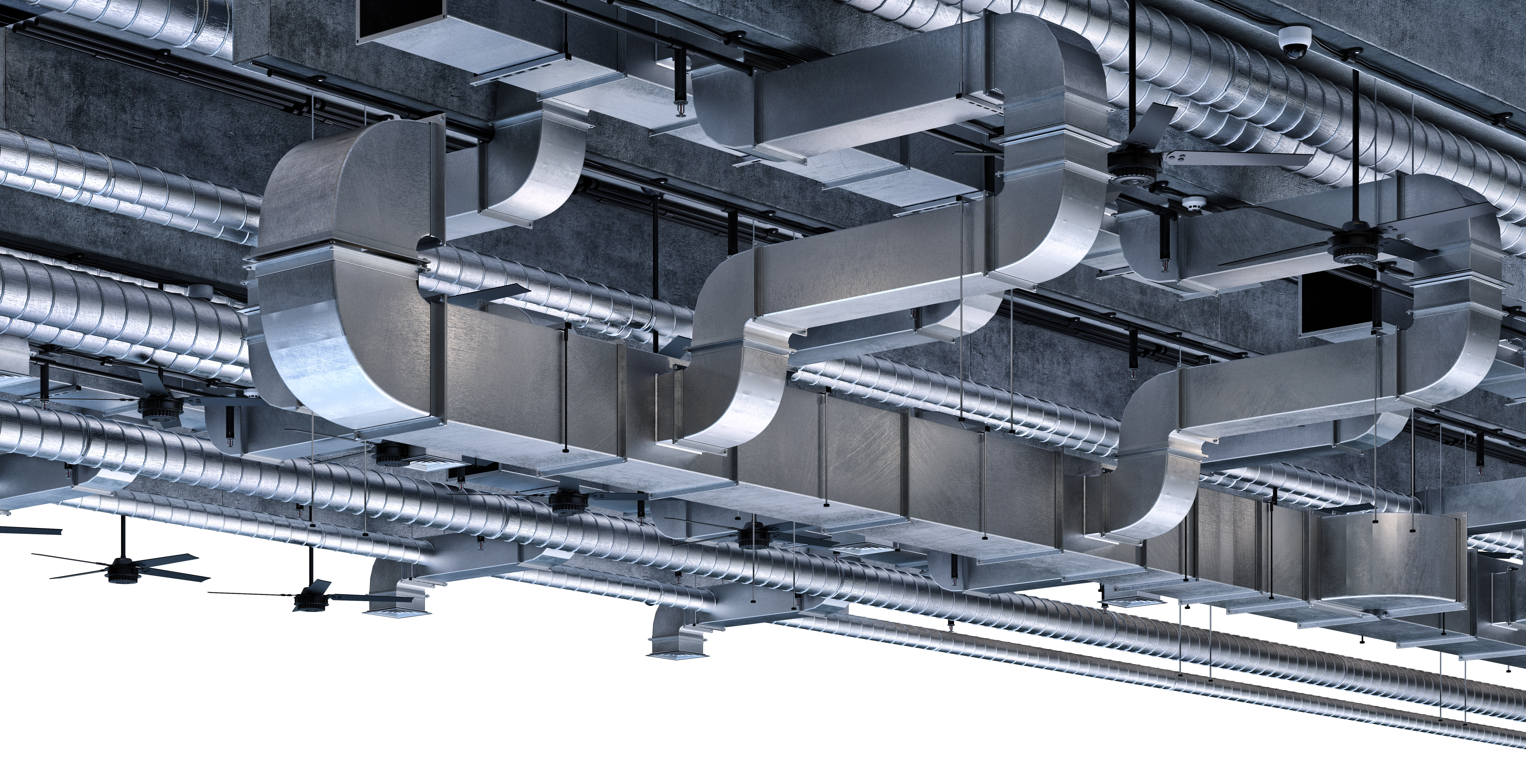 Example: Air ventilation pipes system hanging from the ceiling inside commercial building
