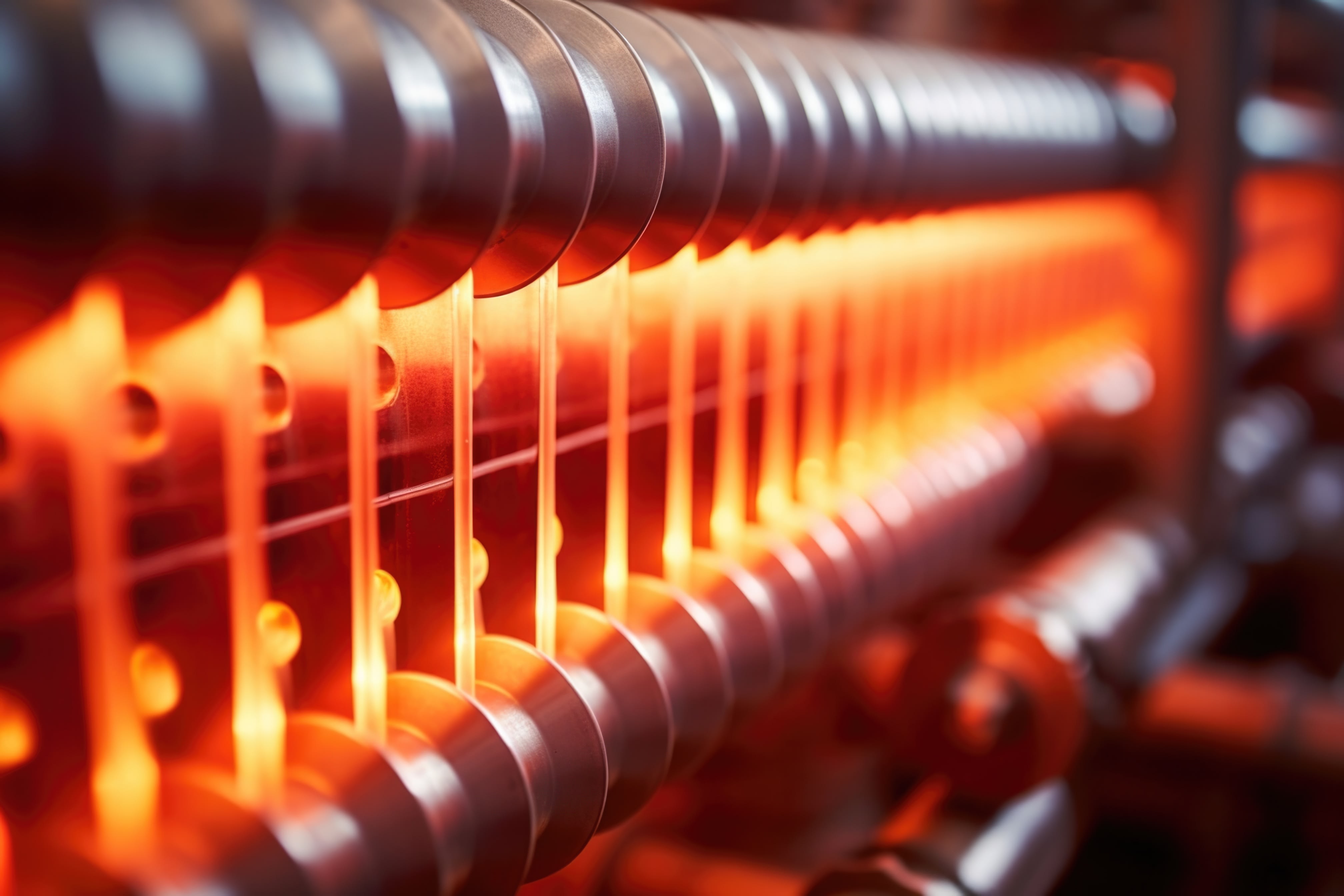 Closeup of a heat exchanger, displaying the transfer of heat from the steam produced by the boiler to a secondary fluid for additional energy conversion