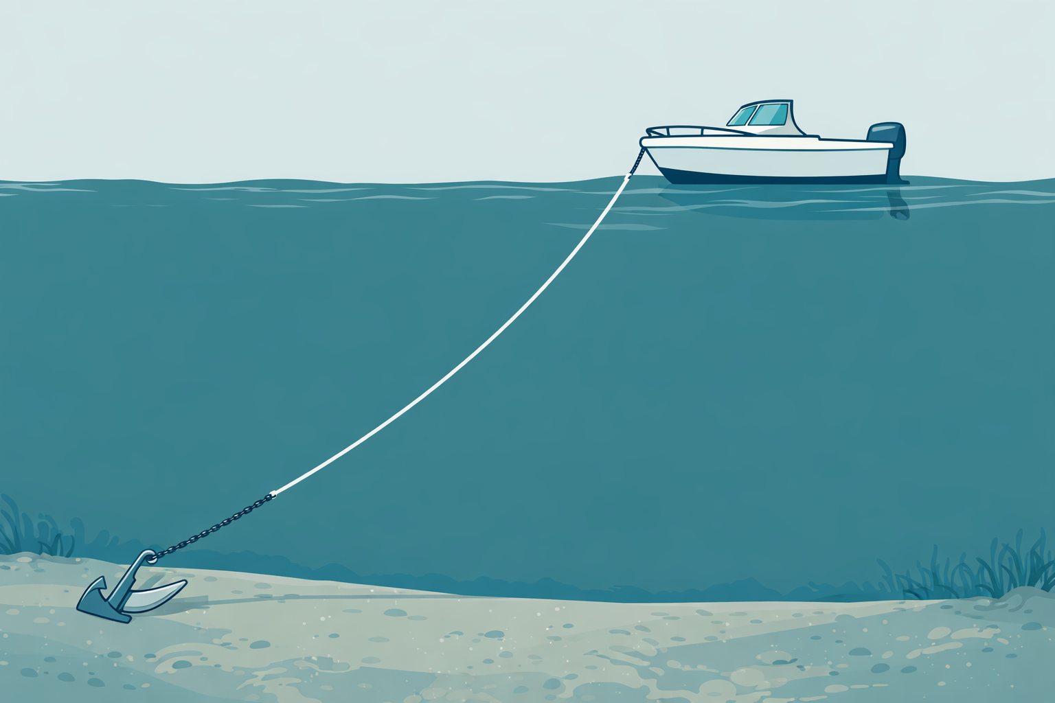 Illustrated cross-section diagram showing proper anchor scope ratio with rode extending from boat to seabed