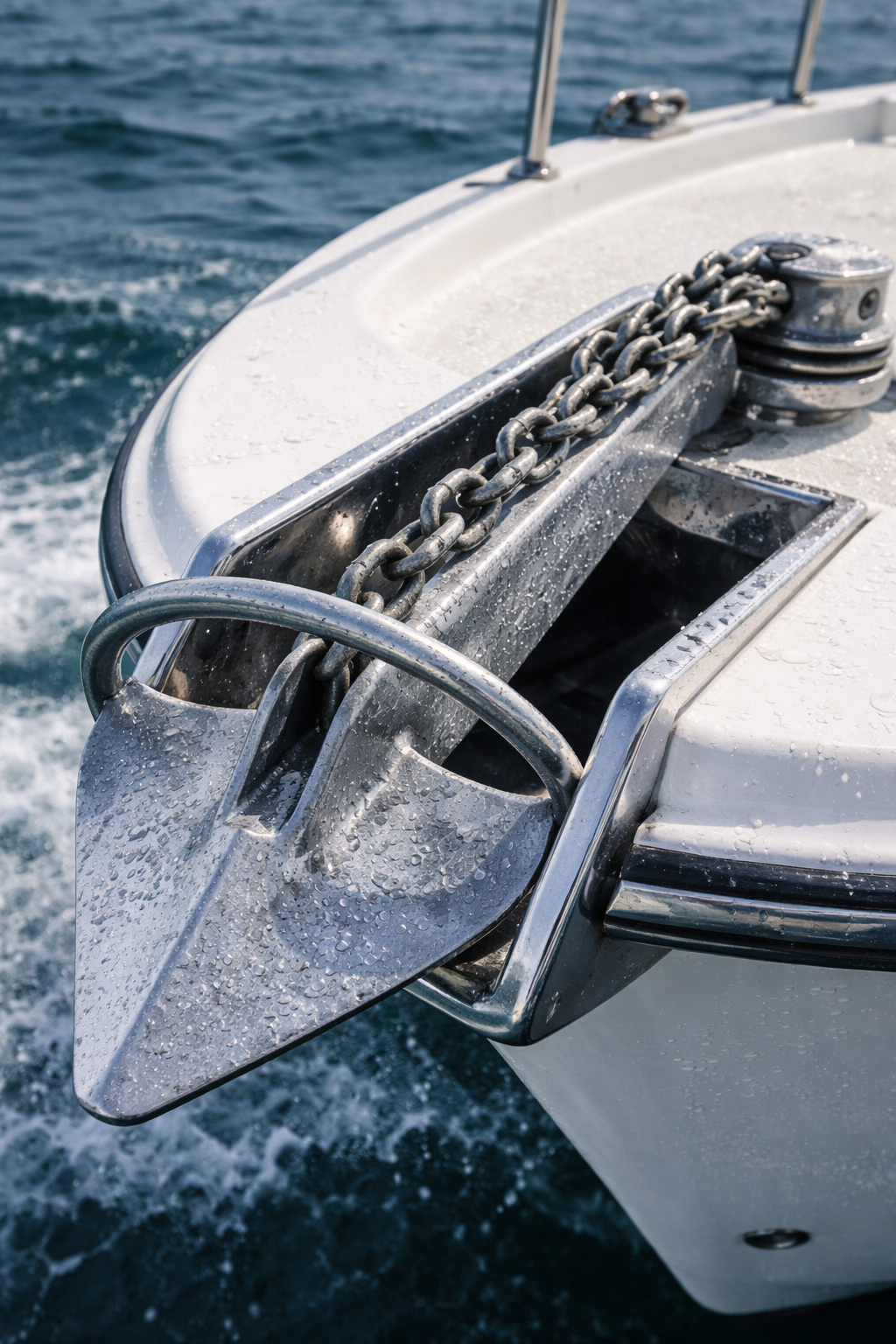 Close-up of a galvanized plow-style anchor secured in a stainless steel bow roller with heavy chain rode on a fiberglass powerboat bow