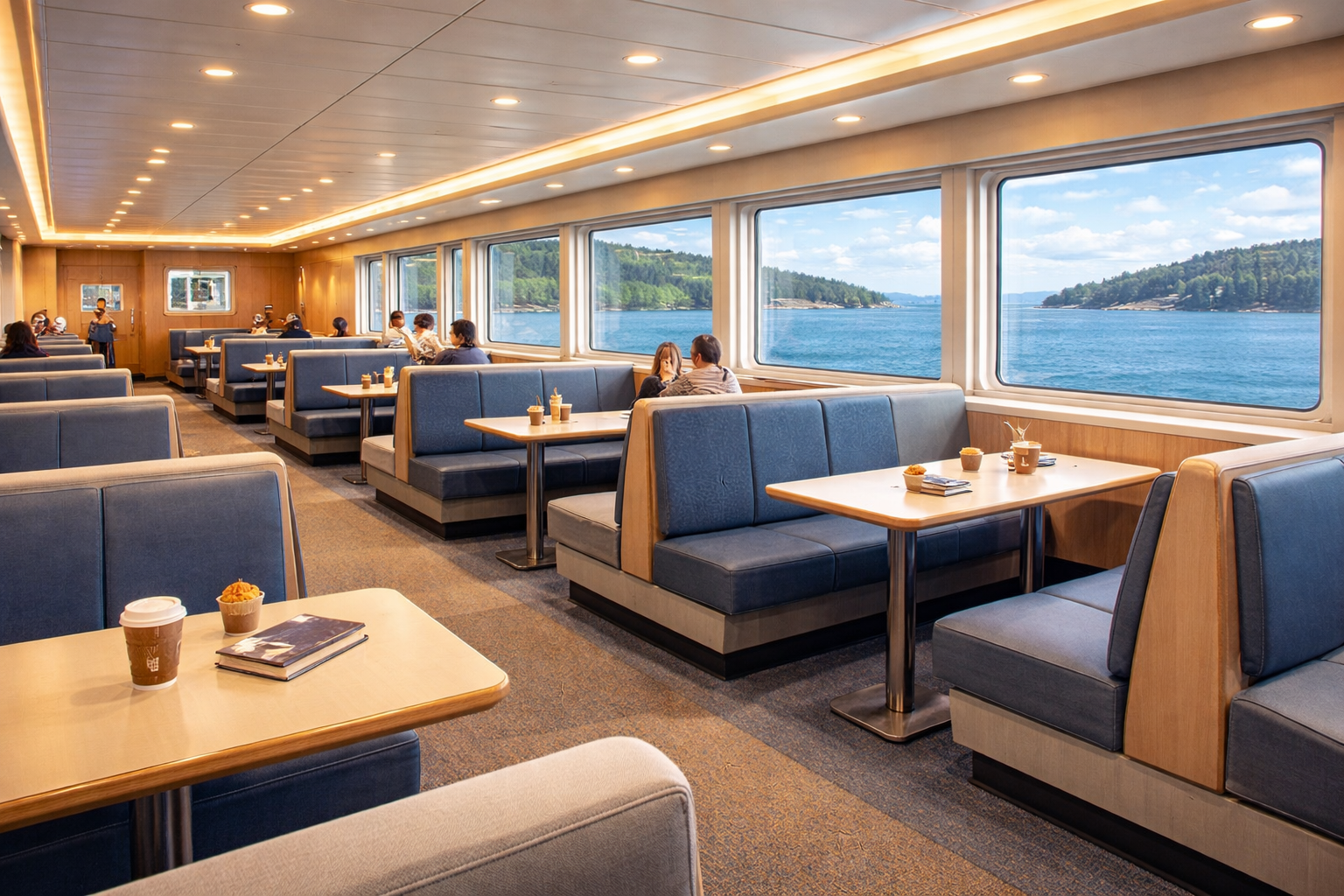 Bright BC Ferries passenger lounge interior showing seating, windows, and onboard amenities