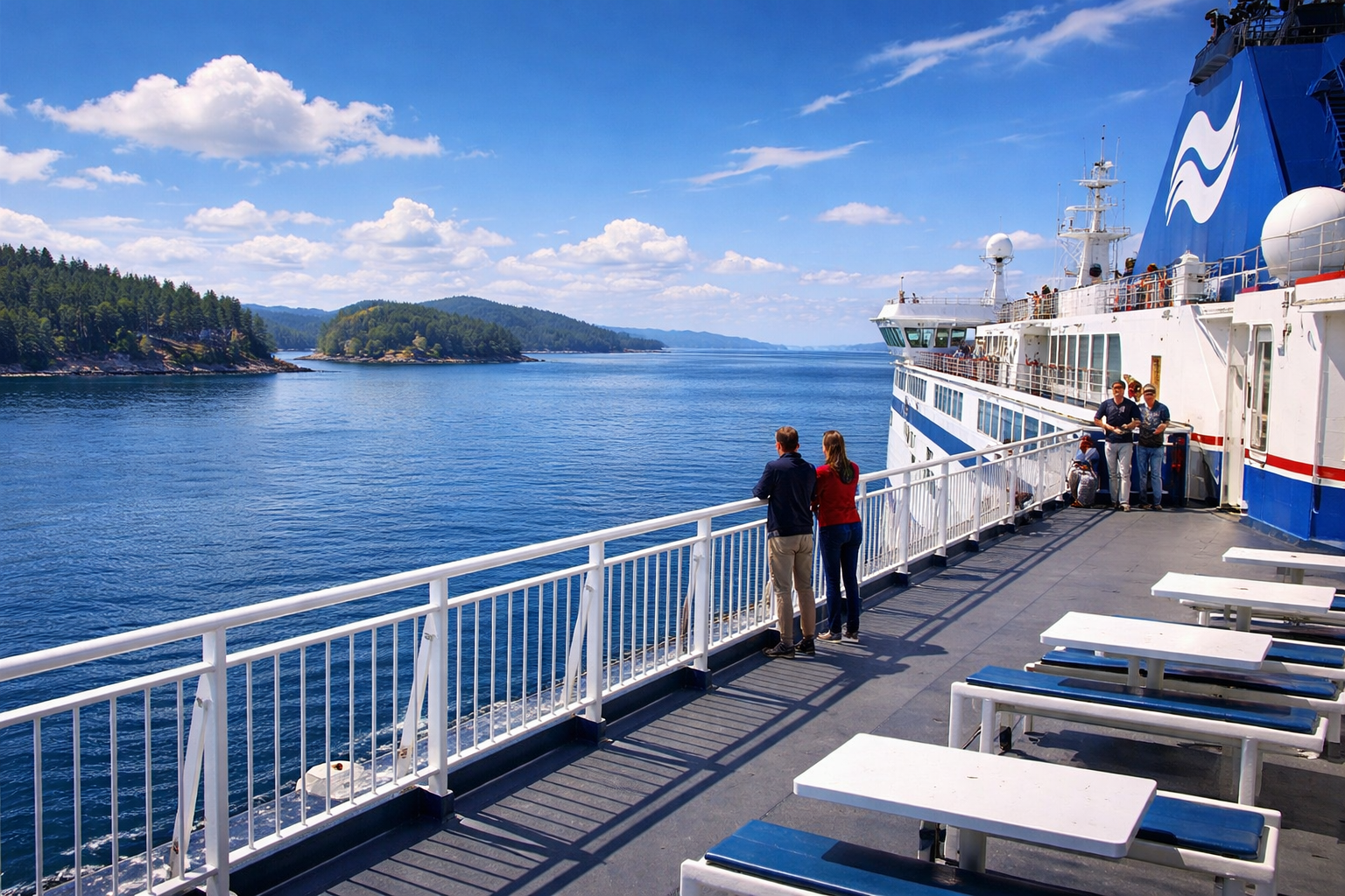 Eye-level view of the BC Ferry sun deck on a bright daylight crossing through the Gulf Islands