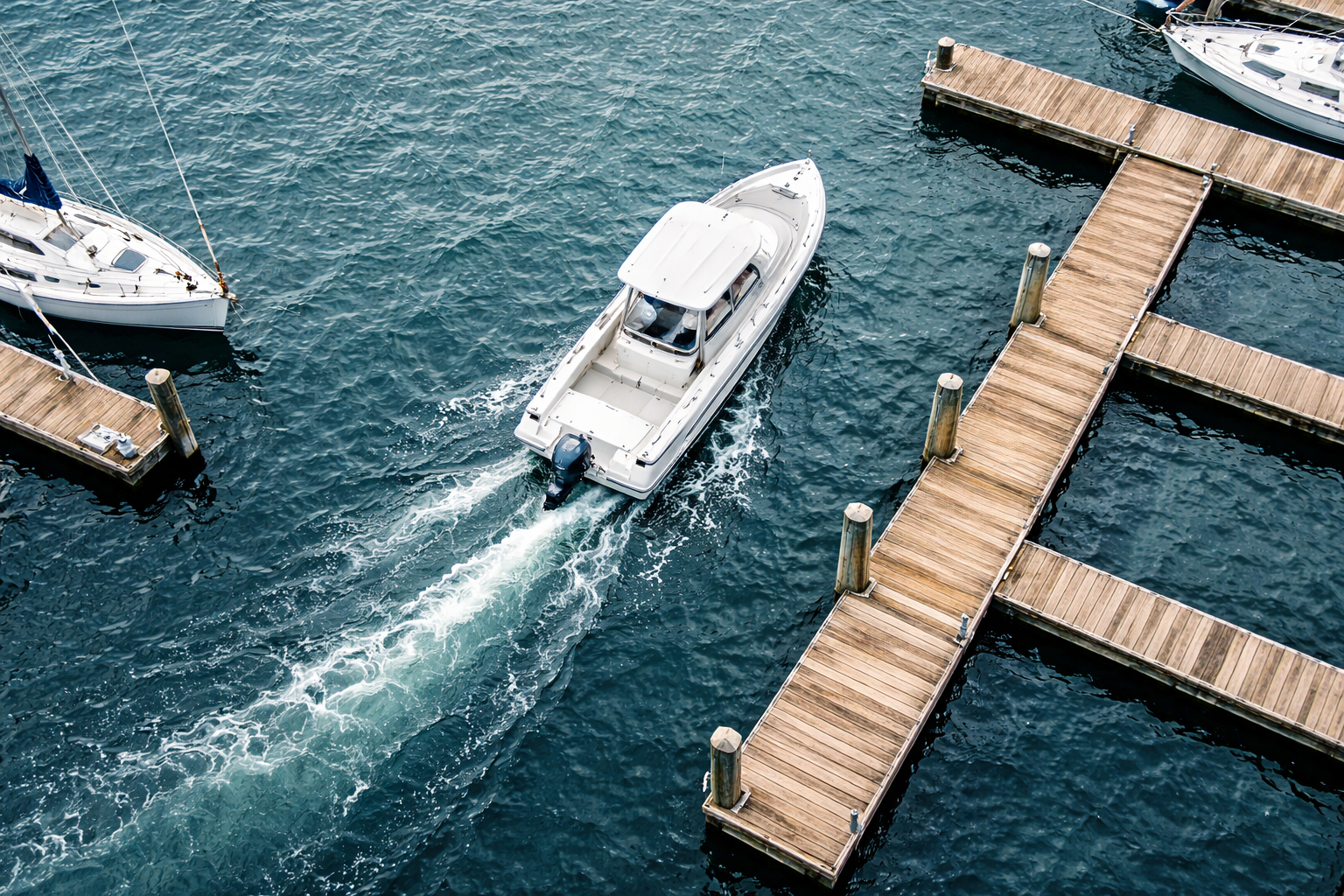 Aerial top-down view of a powerboat lining up its approach angle on a finger dock at a marina