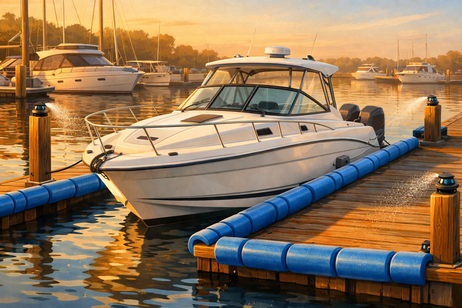 White powerboat floating at a marina dock at golden hour with foam roller barriers and sprinkler deterrents protecting the vessel from sea lions