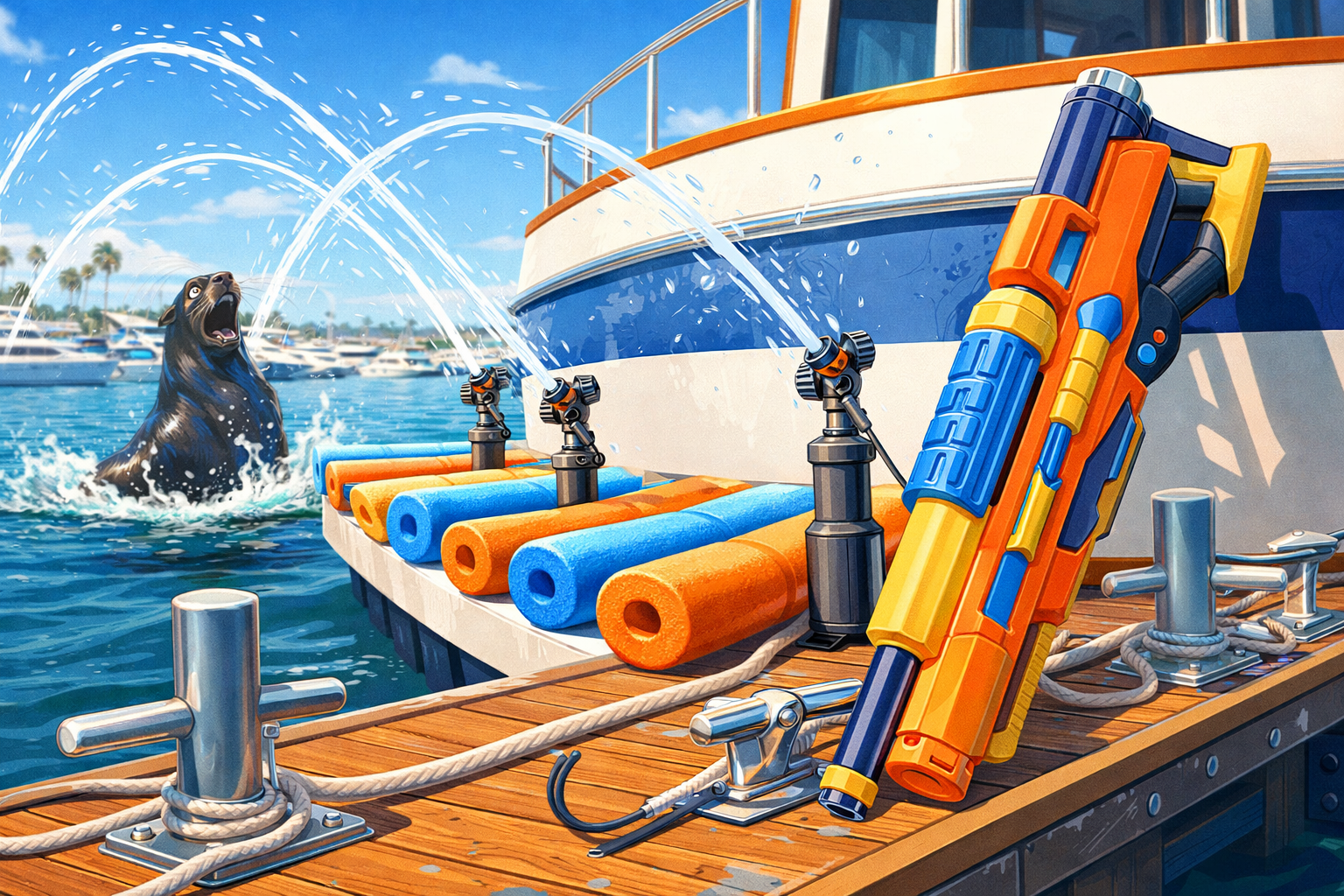 Stylized illustration of sea lion deterrents on a marina dock including sprinklers and foam barriers