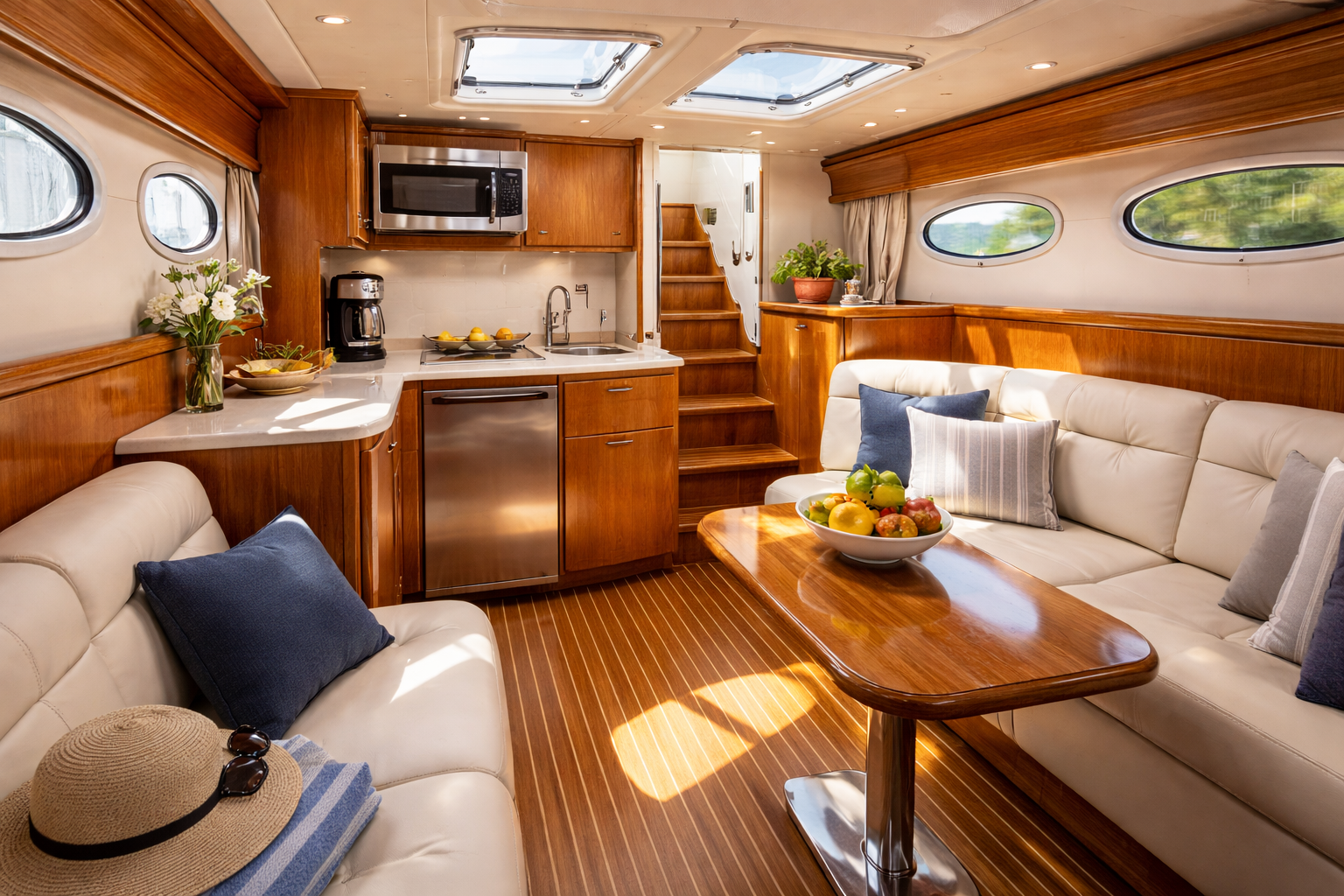 Bright, spotlessly clean boat cabin interior with teak trim, tidy galley, and comfortable salon seating