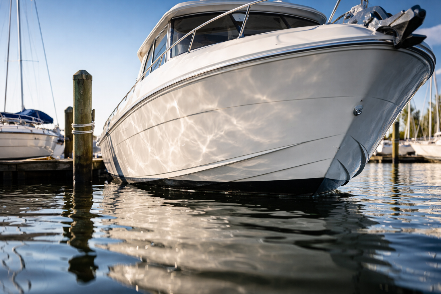 Freshly waxed glossy white powerboat hull docked in a calm marina slip with reflections shimmering on the water