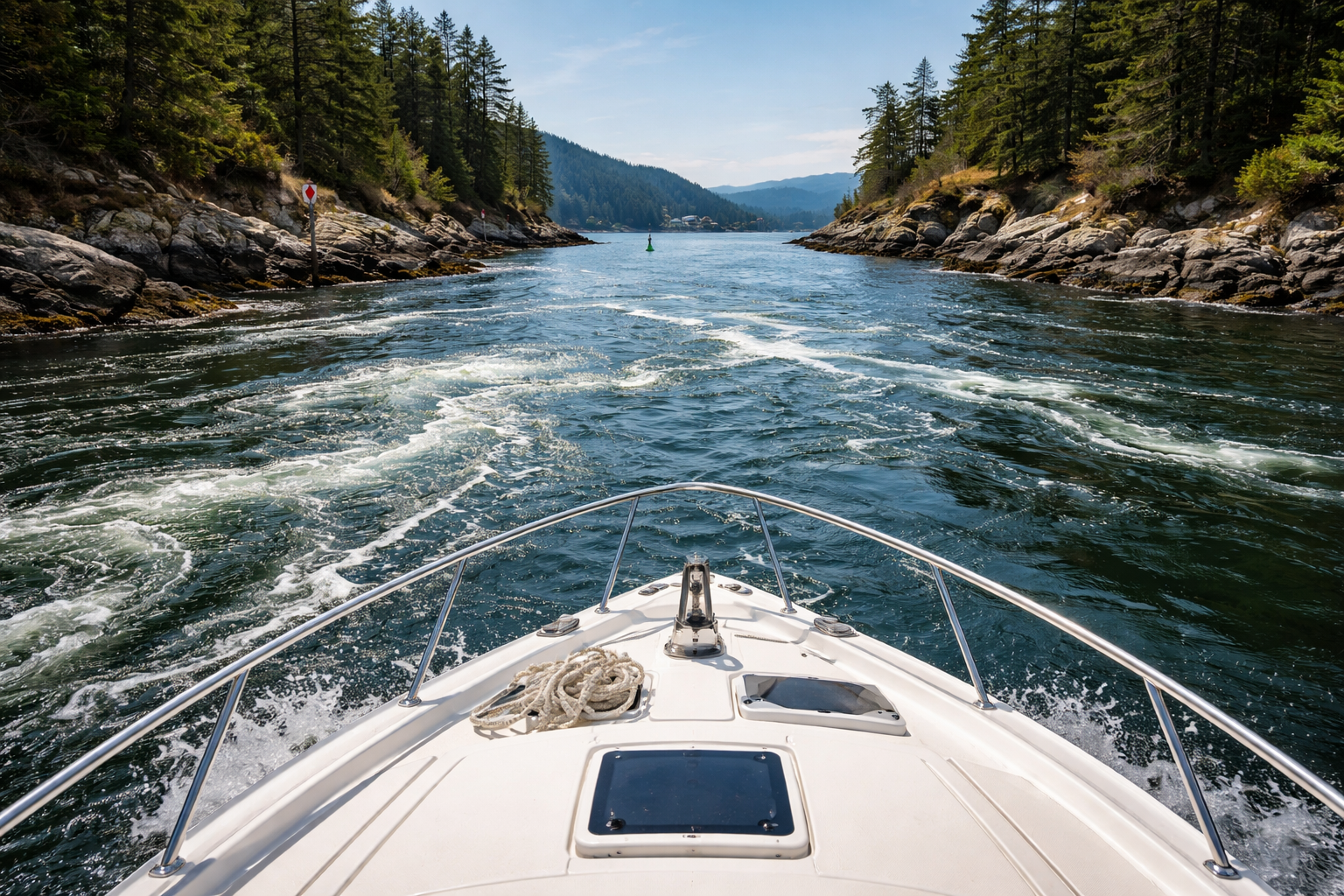 Boat navigating through a tidal channel with visible current ripples