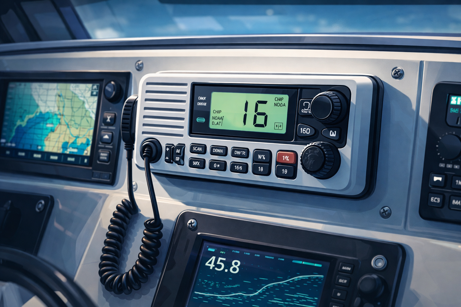 Fixed-mount marine VHF radio installed in a helm station panel alongside navigation electronics
