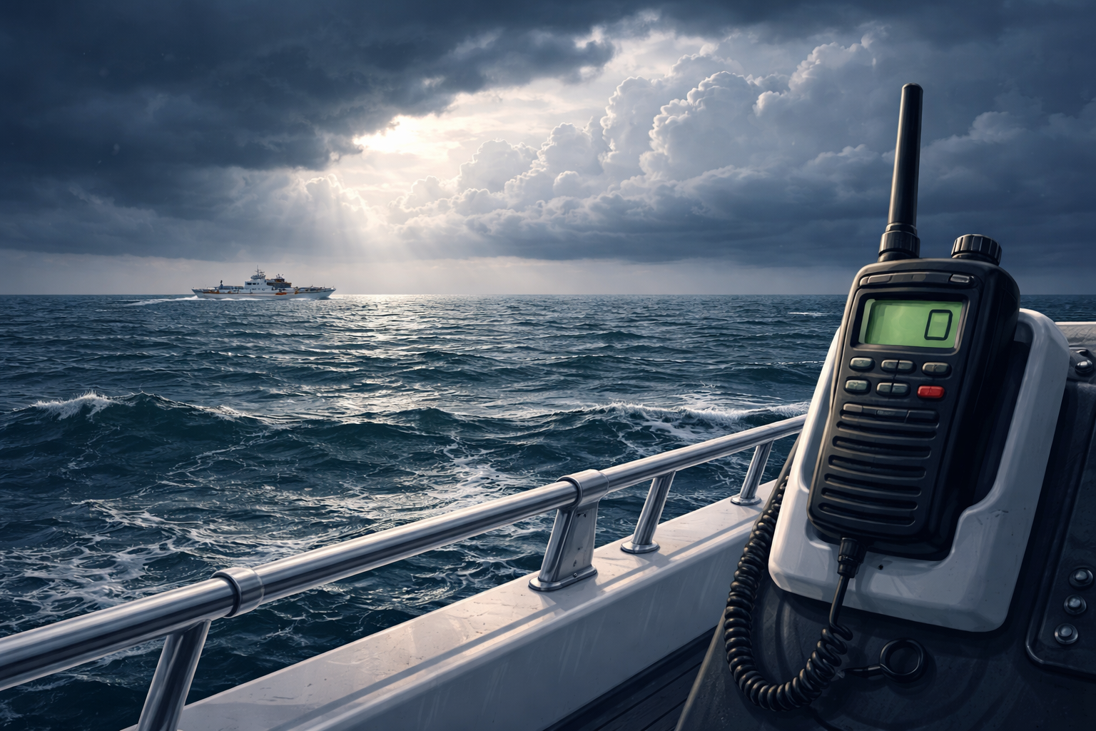 VHF radio handset on a boat deck with stormy seas and distant Coast Guard cutter on the horizon