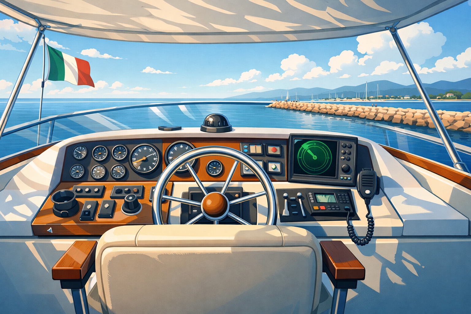 Admiral 74 flybridge command center and helm station