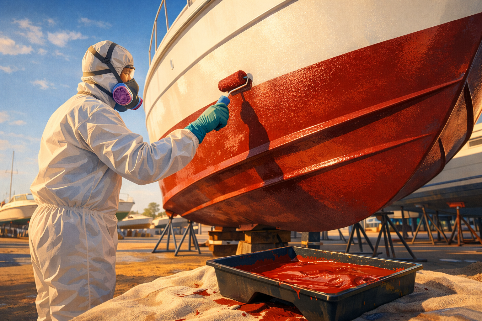 Boat hull prep and bottom paint application process