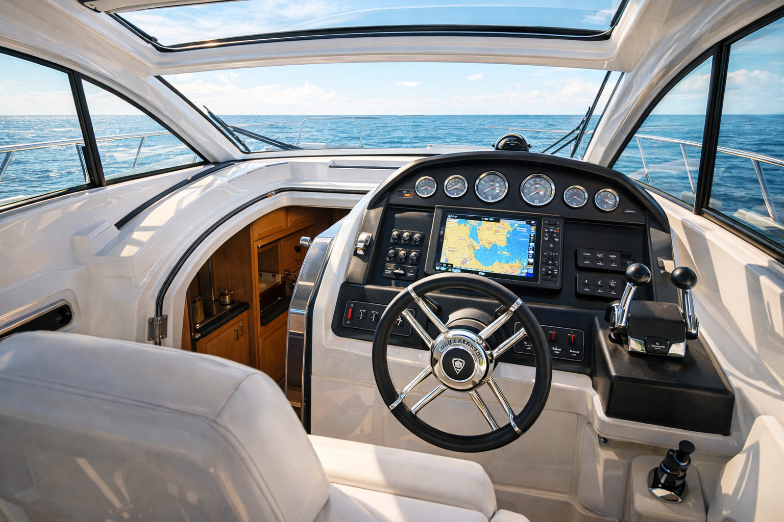 Beneteau GT38 helm station with joystick controls and modern instrumentation