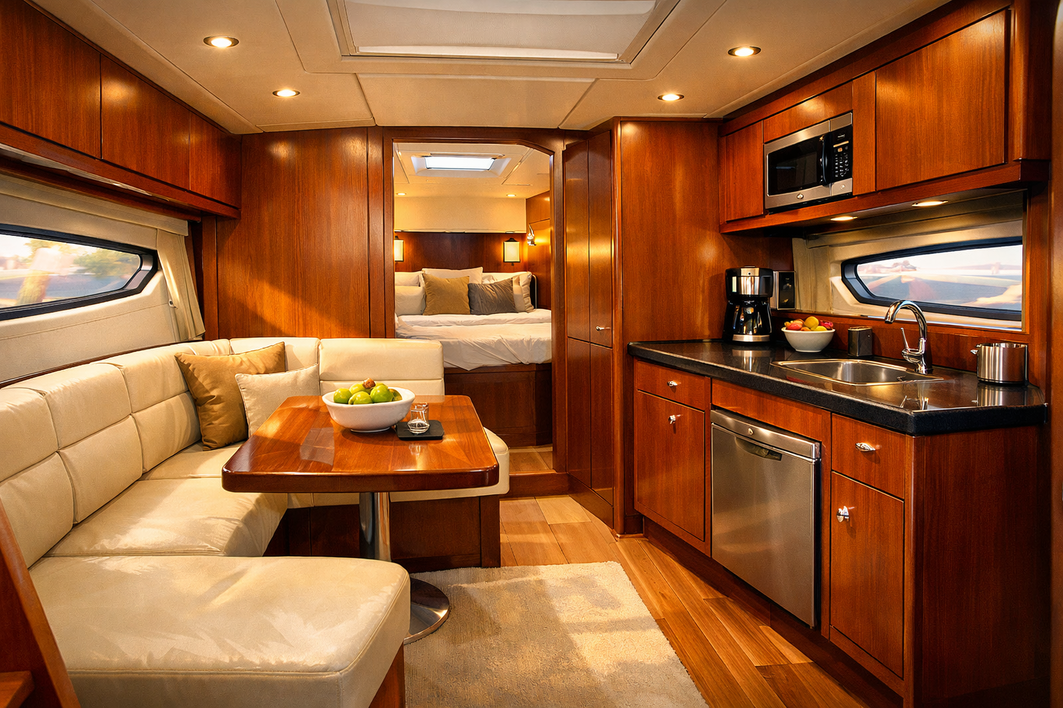 Beneteau GT38 salon interior with teak cabinetry and cream upholstery