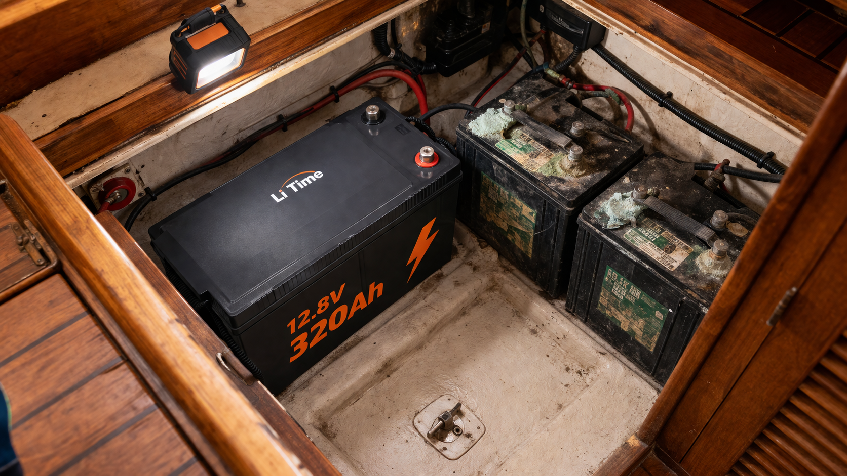 LiTime 320Ah lithium battery in cabin cruiser battery compartment replacing lead-acid