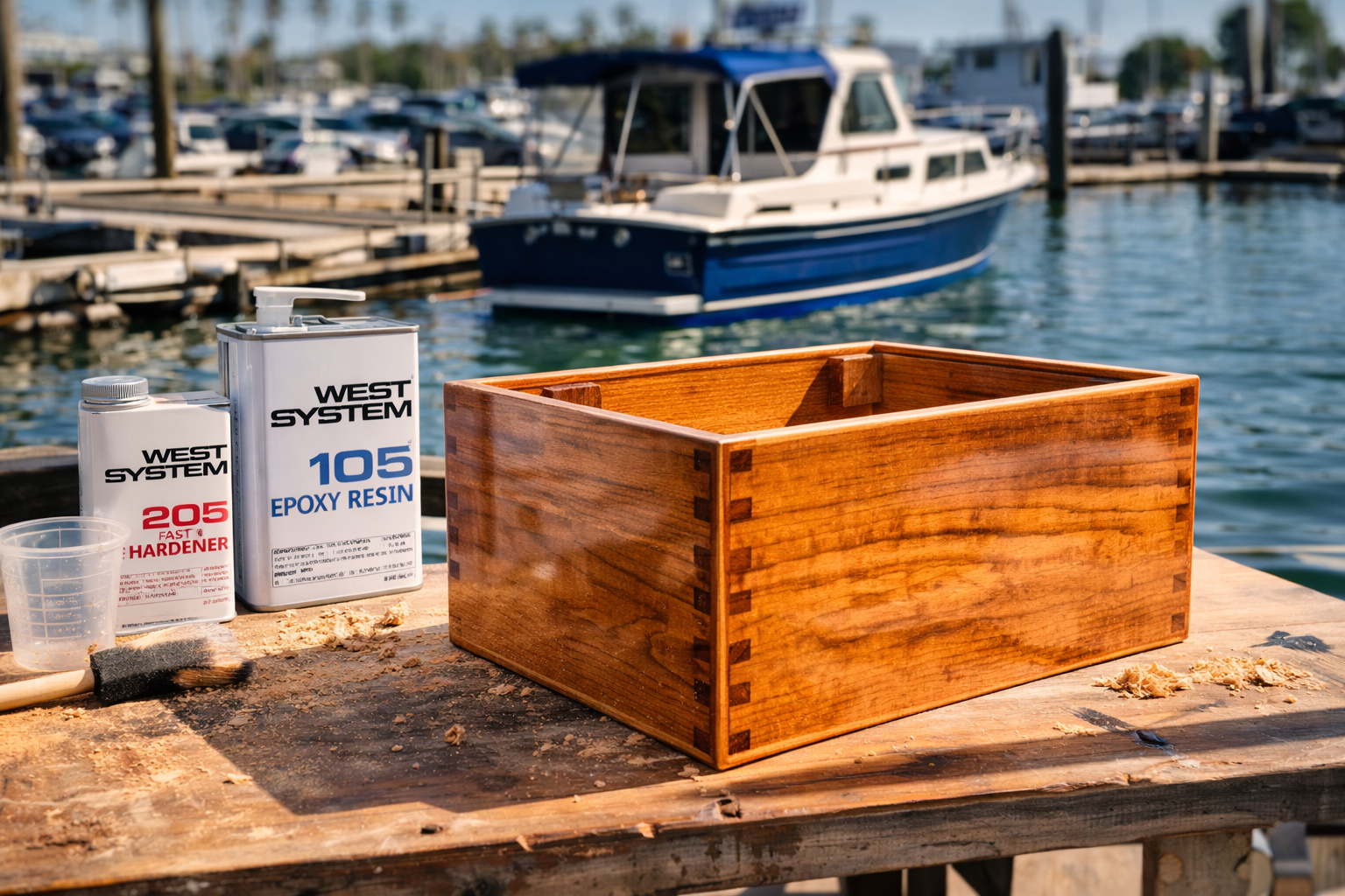 Marine plywood battery box with West System epoxy coating on boatyard workbench