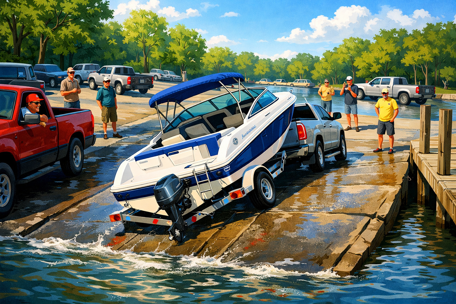 Rookie boater struggling to back trailer down busy boat ramp