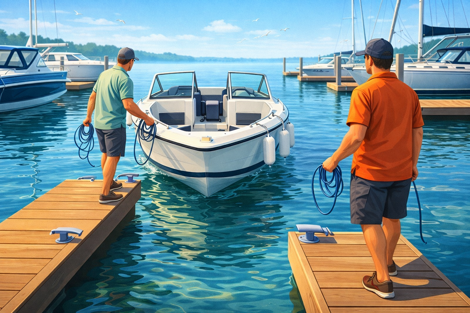 Small powerboat approaching a marina slip with fenders hung for docking