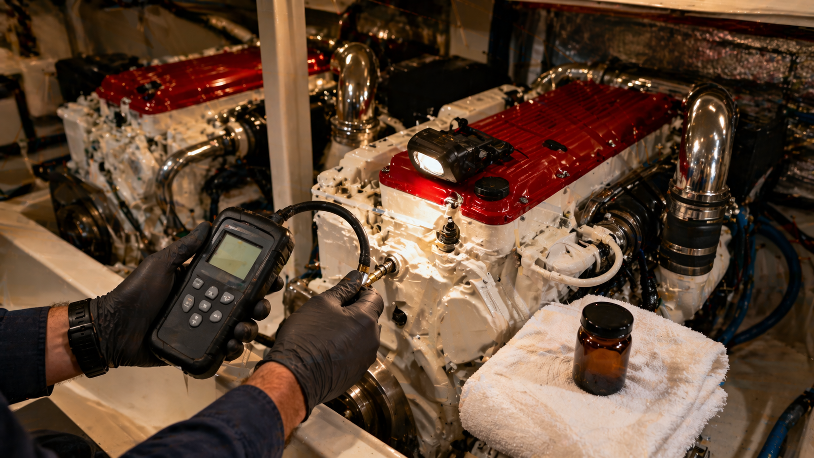 Marine surveyor inspecting twin diesel engines with a compression tester during a pre-purchase survey