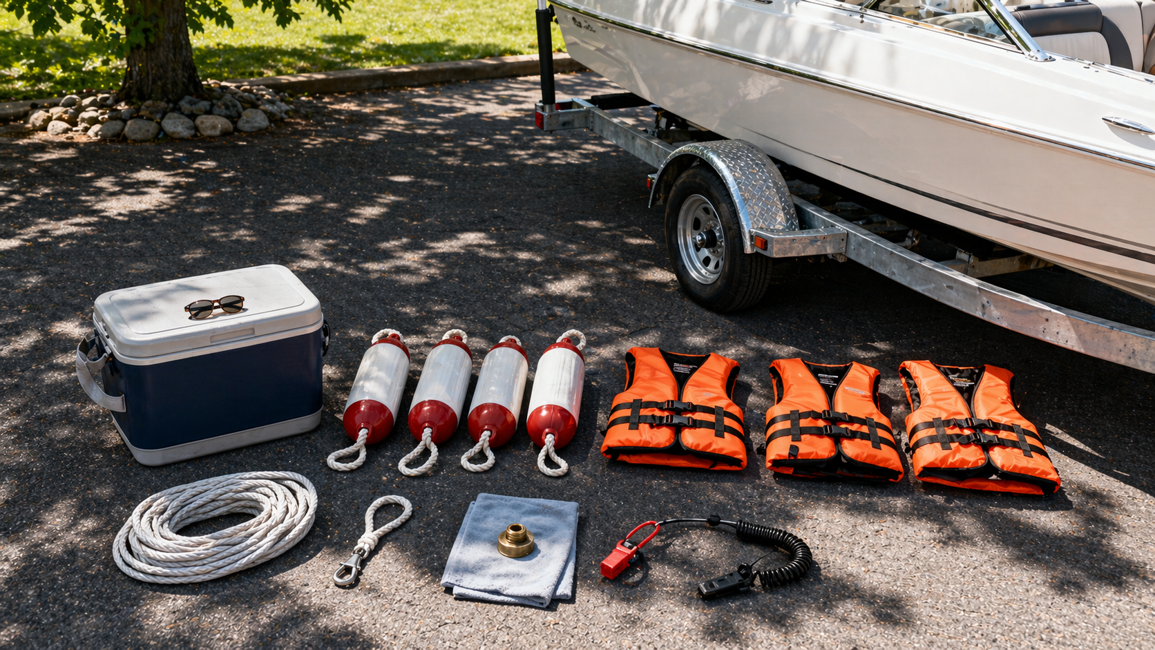 Boater prepping gear in the staging area before backing down the ramp