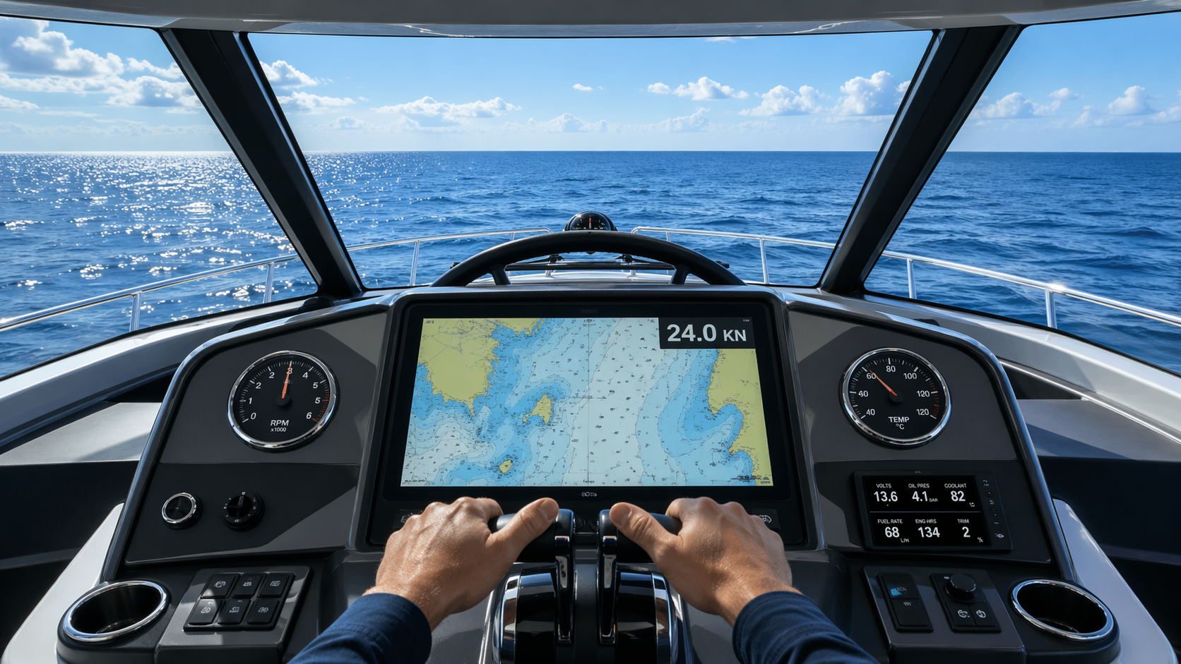 Helm station during a sea trial showing chartplotter and throttle controls